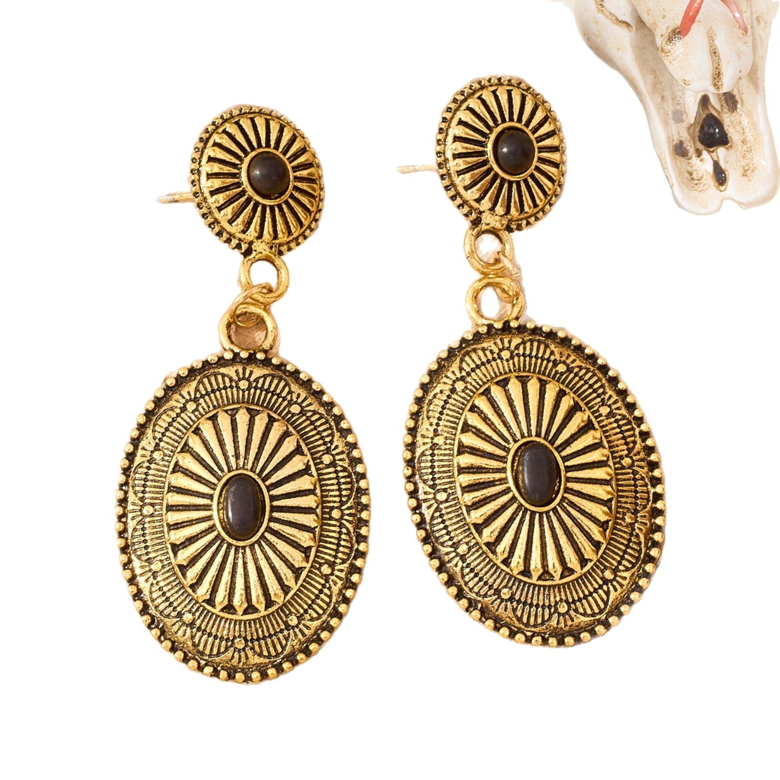 Wholesale Zinc Alloy Antique Gold Earrings Bohemian Retro Oval Totem Jewelry Accessory for Party