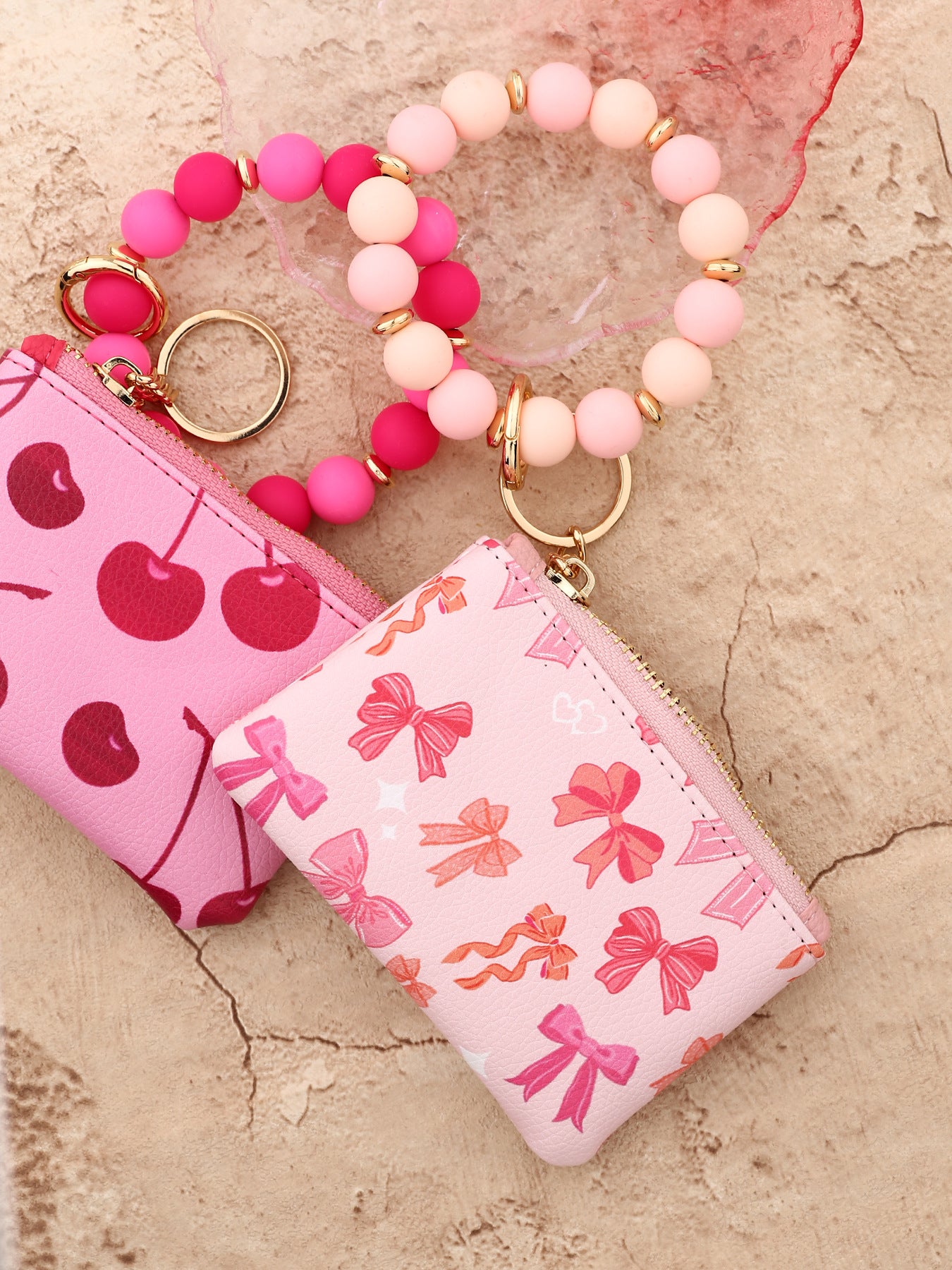 Wholesale Wallet Bow Card Holder Printed Clutch Silicone Bead Bracelet Wristlet Keychain