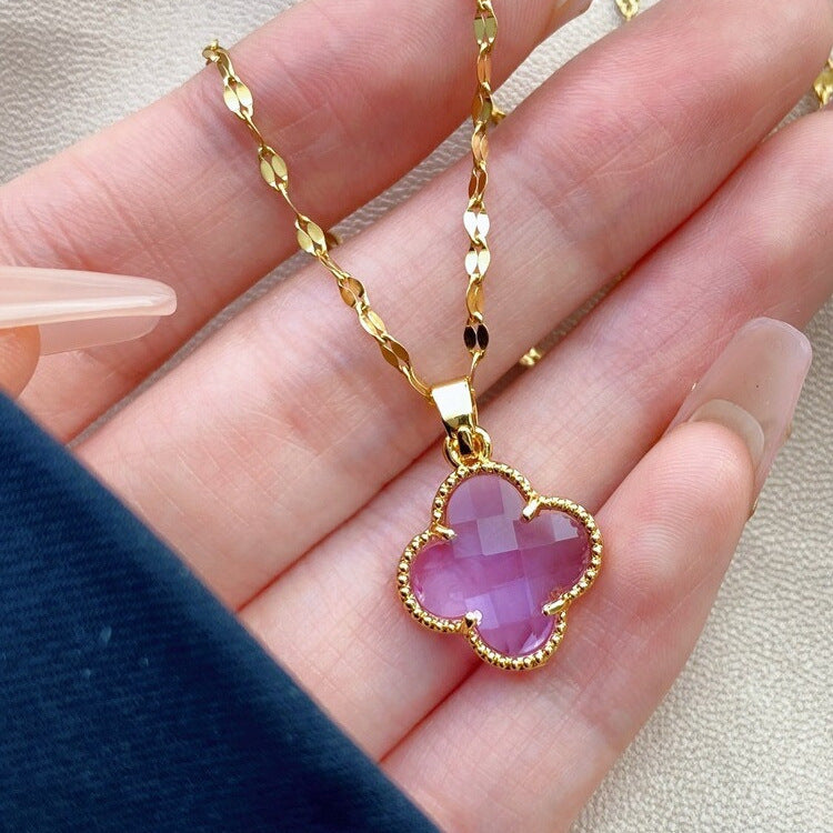 Wholesale Sweet Four-Leaf Flower Clavicle Chain - Titanium Steel,  Non-Fading,  Gemstone Accents - Boutique Resale Jewelry