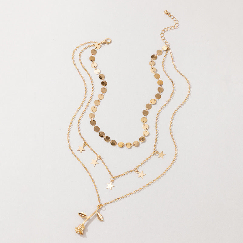 Wholesale Valentine's Day Tassel Five-pointed Star Rose Multi-layer Disc Gold Necklace ACC-NE-YongGe021