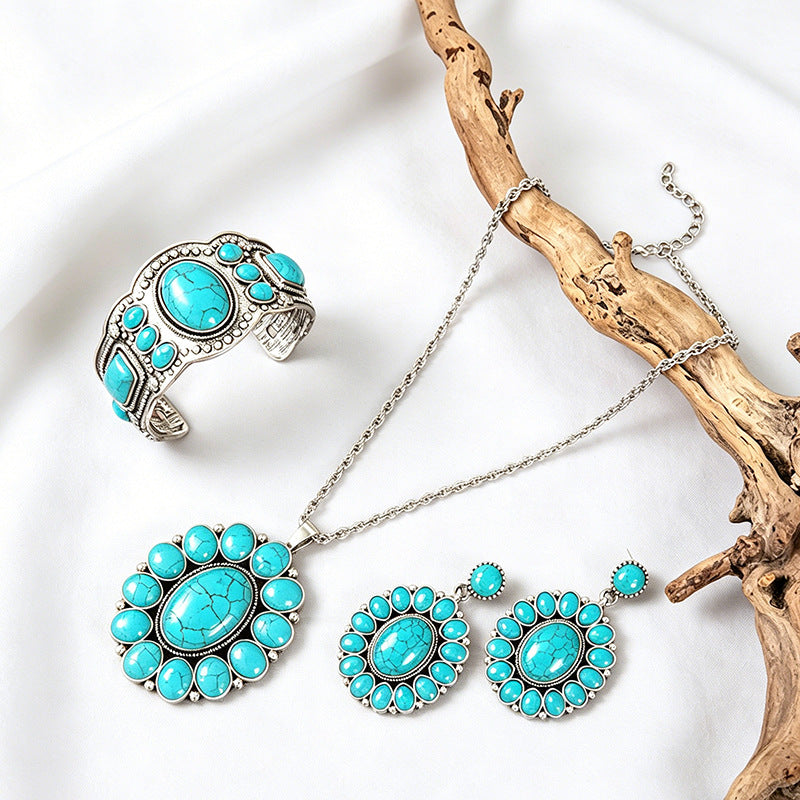 Wholesale Electroplated Alloy Retro Bohemian Turquoise Women' s Jewelry Set - Earrings,  Open Ring &  Necklace,  Fashion Accessory