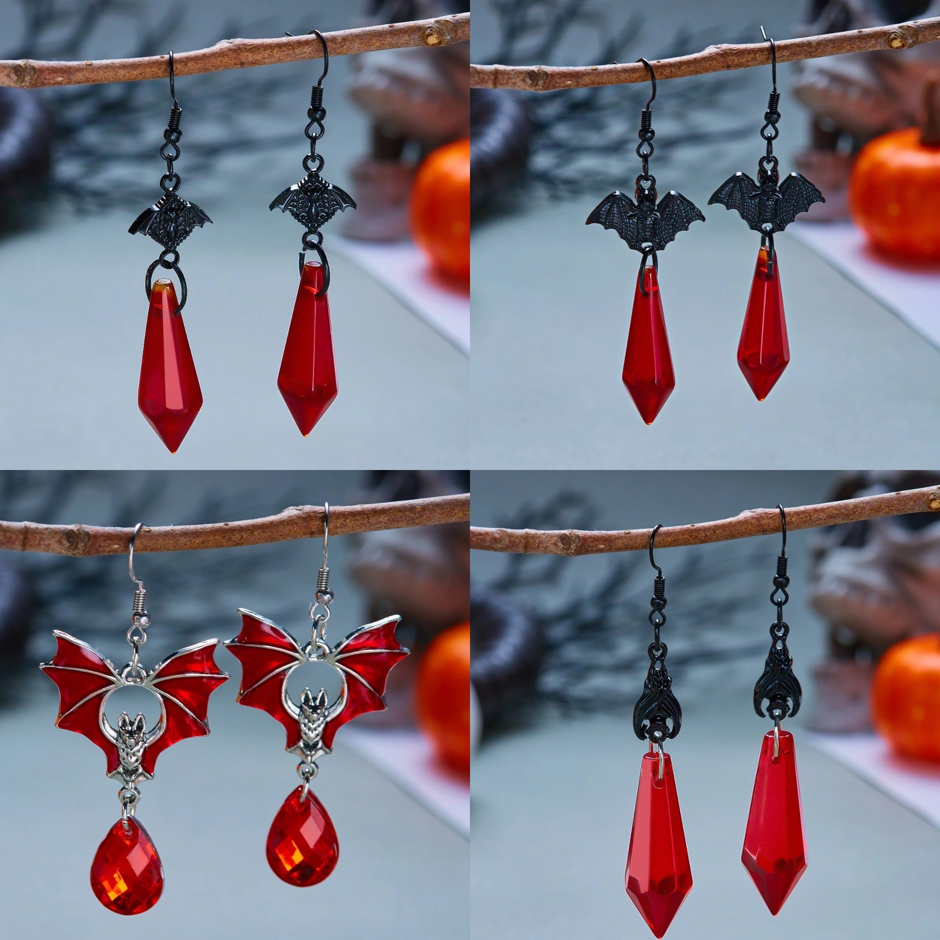 Wholesale Gothic Vampire Bat Earrings Red Black Crystal  Party Fashion Accessory