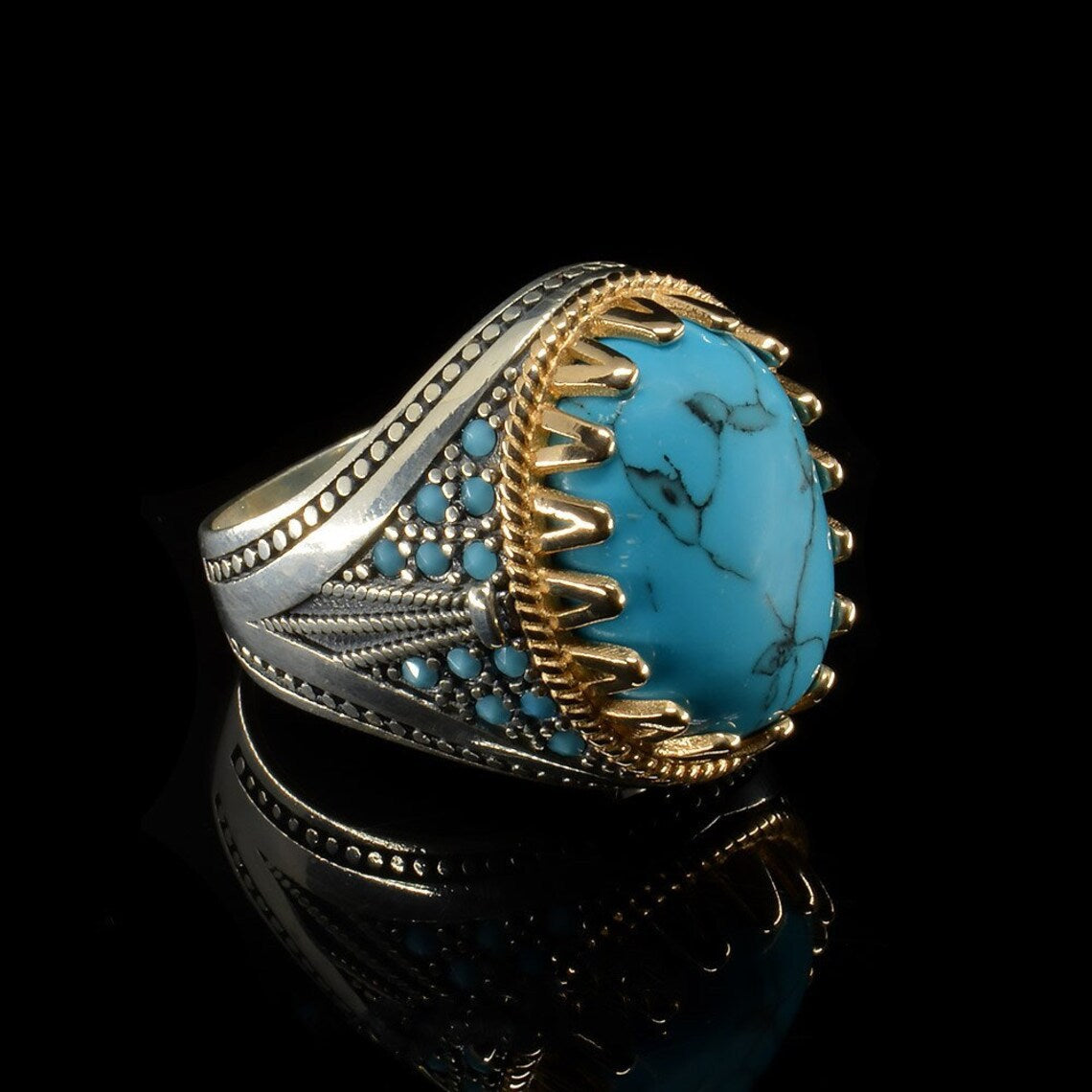 Wholesale Electroplated Two-Color Inlaid  Turquoise Ring