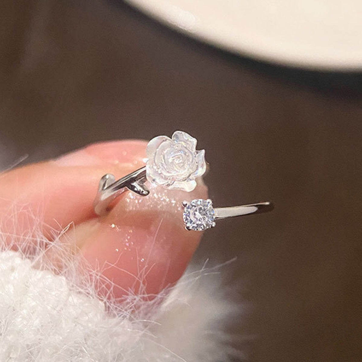 Wholesale  Light Luxury Design Rhinestone Camellia Flower Opening Ring