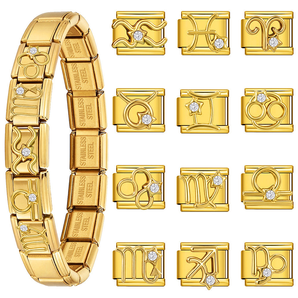 Wholesale Gold Tone 3D 12 Zodiac Stainless Steel Modular Stretch Bracelet DIY Jewelry Accessory For Boutique Resale