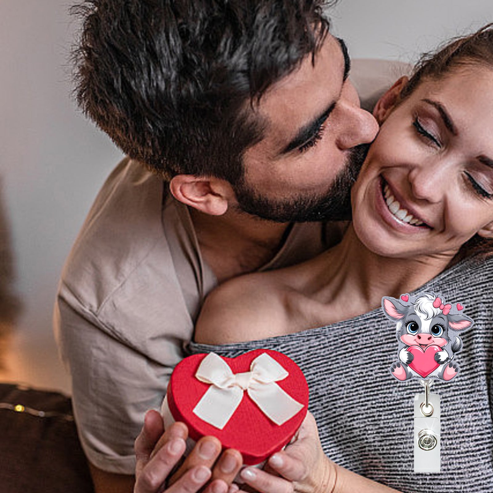 Wholesale Valentine' s Day Acrylic Heart-Shaped Cow  Badge Reels