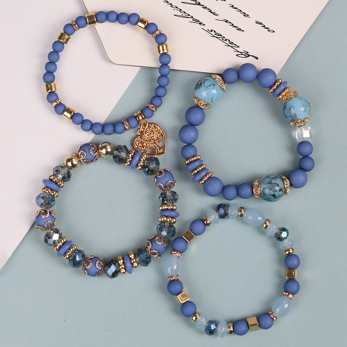 Wholesale Coffee Glass Bead Bohemian Bracelet Set Heart Pendant Tassel Jewelry