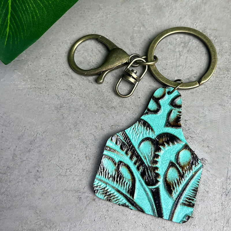 Wholesale Retro Western Embossed Leopard Cow Print Leather Keychain Fashion Decorative Bag Charm Boutique Resale Gift