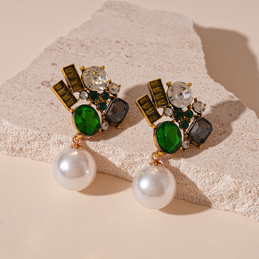 Wholesale Vintage Geometric Silver Needle Earrings with Diamond and Pearl