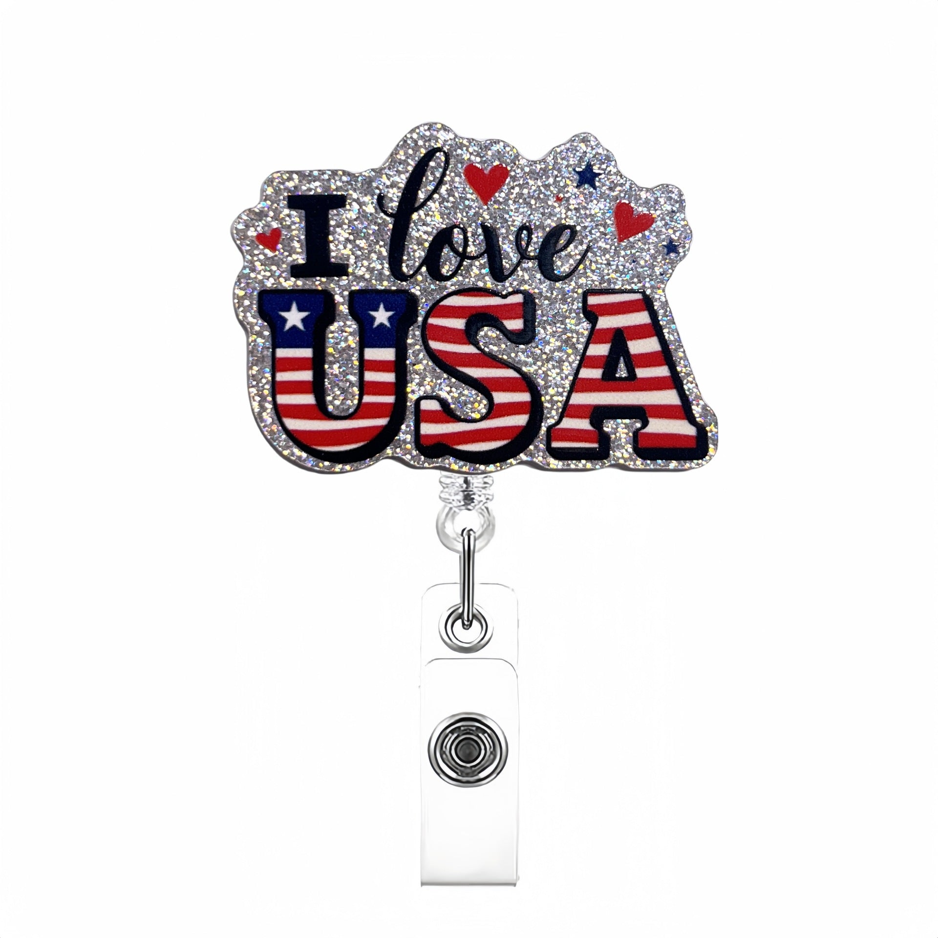 Wholesale Acrylic Glitter Independence Day Badge Reels Keychains