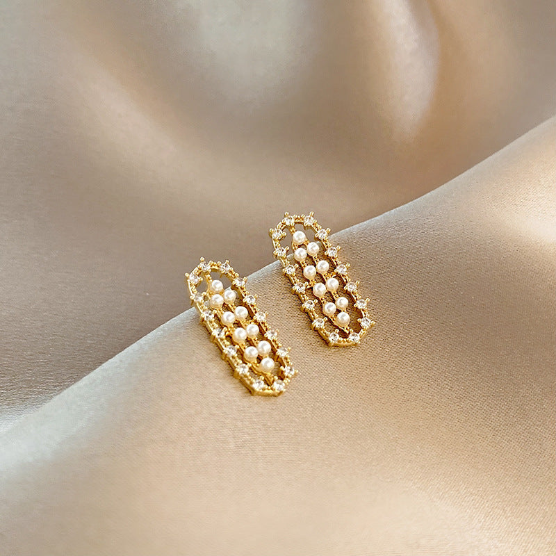 Wholesale S925 silver needle  geometric earrings micro inlaid zircon pearl earrings