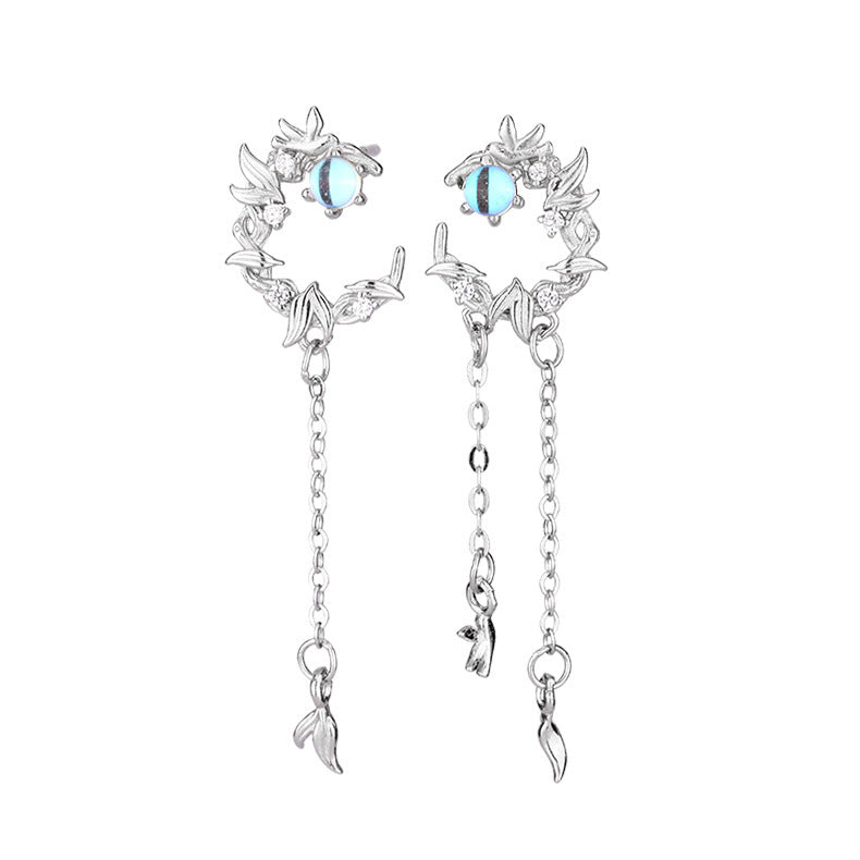 Wholesale S925 silver moonstone blue eucalyptus and bird earrings