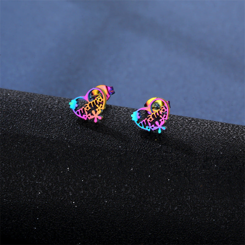 Wholesale Titanium Steel Electroplated Color MAMA Pendant Stainless Steel Earrings Necklace Set Mother's Day ACC-ES-MinM018