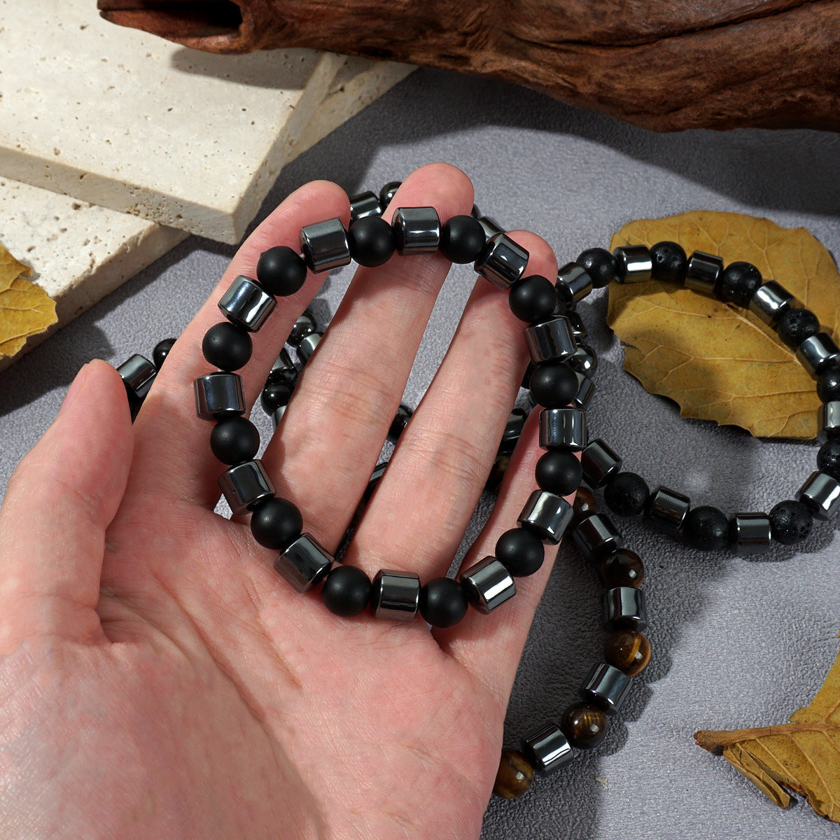 Wholesale Red Tiger Eye Natural Stone Beaded Bracelet Geometric Couple Style Elastic Jewelry Gift