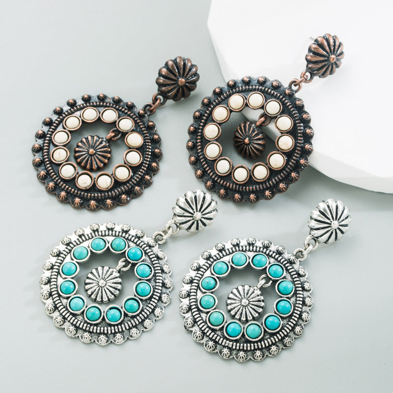 Wholesale Retro Ethnic Style White Turquoise Hollow Round Earrings Alloy Party Style Boutique Resale Jewelry Accessory