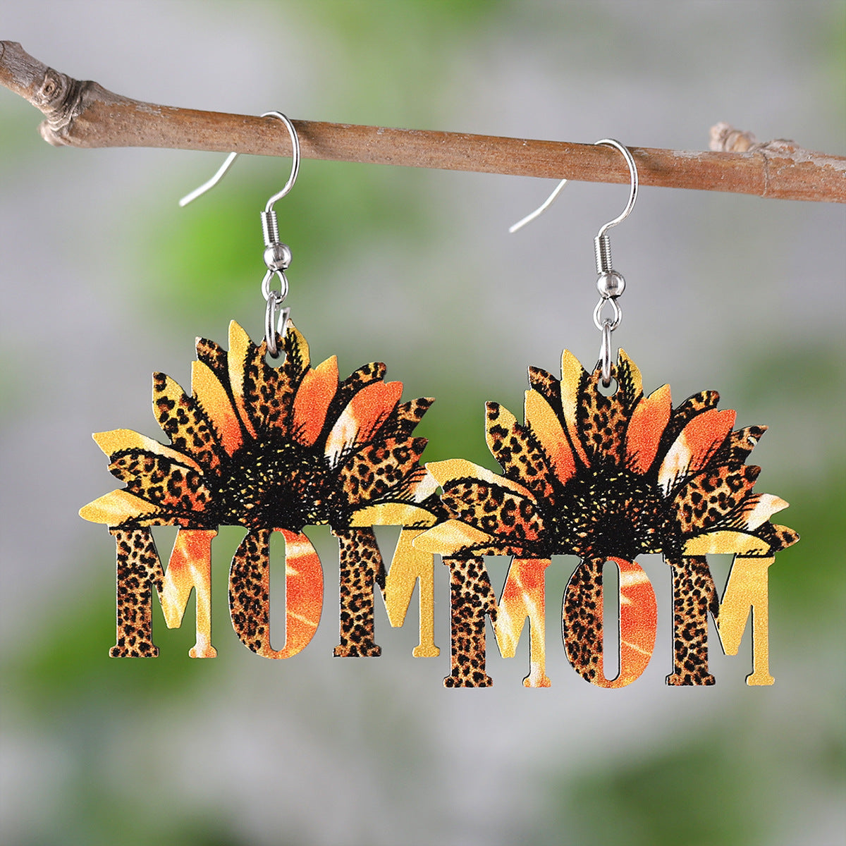 Wholesale Mother's Day MAMA MOM Leopard Sunflower Rainbow Hollow Pendant Wood Earrings ACC-ES-ChuLian094