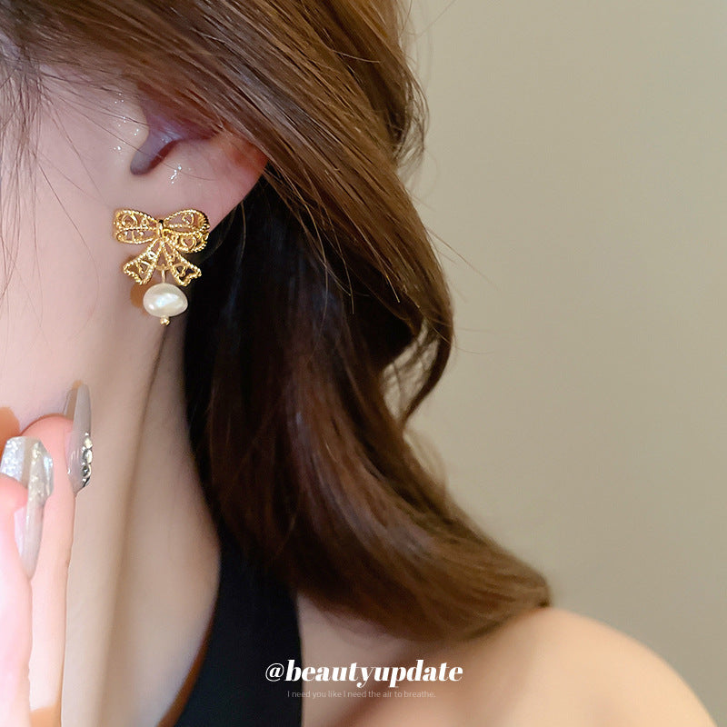 Wholesale Real Gold Plated Silver Needle Bow Pearl Earrings