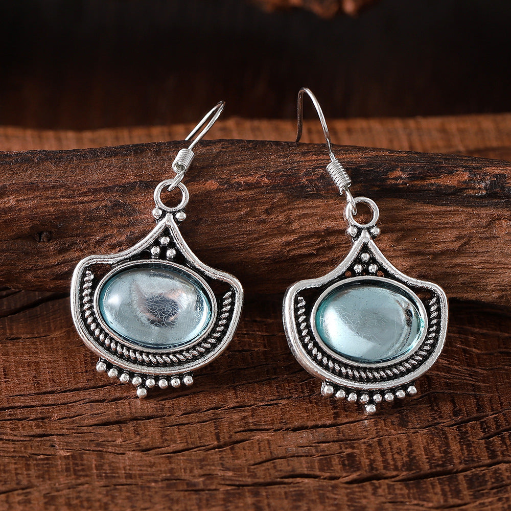 Wholesale Zinc Alloy Geometric Oval Gemstone Drop Earrings And Necklace Set Fashion Jewelry Accessory For Boutique Resale