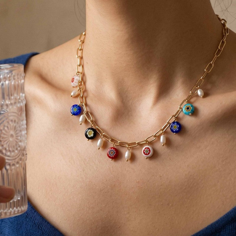 Wholesale Boho Colorful Glass Flower Pendant Necklace Fashion Layering Jewelry Accessory For Gift Boutique Resale