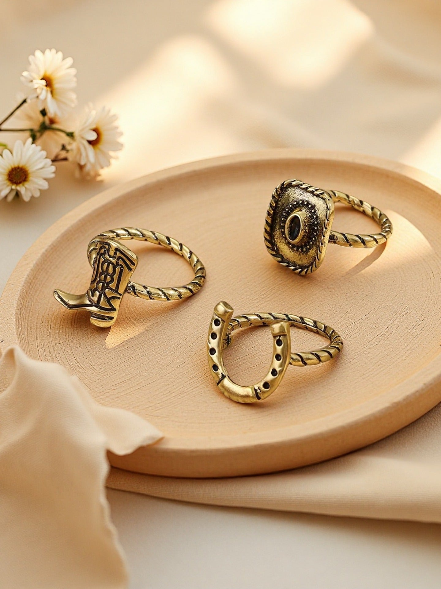 Wholesale Retro Western Cowboy Ring Set For Women Antique Silver Alloy Chic Everyday Jewelry