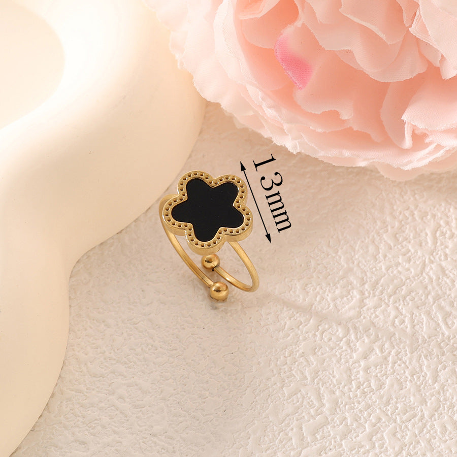 Wholesale Titanium Steel Five-Leaf Flower Mother-Of-Pearl Ring Women' s Fashionable Versatile Adjustable Open Stainless Steel Ring