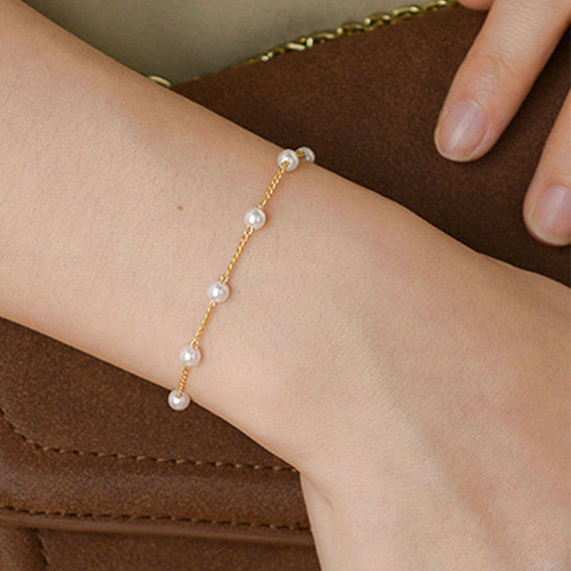 Wholesale Chic Women S Imitation Pearl Chain Bracelet 4Mm Round Pearl Fashion Accessory Gold Tone Everyday Jewelry For Gifting