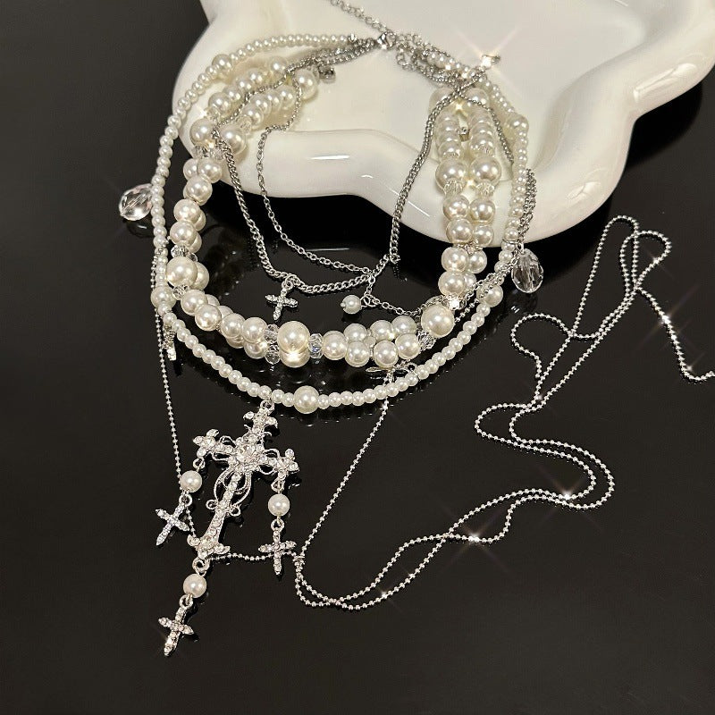 Wholesale Tassel Stacked with Jewelry Multi-layer Cross Pearl Necklace