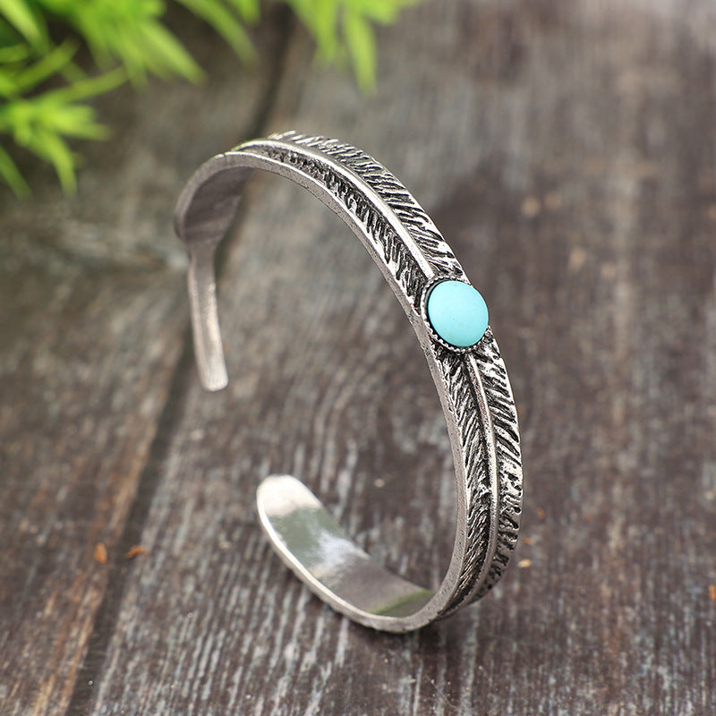 Wholesale Bohemian Retro Carved Cuff Bracelet,  Alloy Feather Turquoise Design,  Fashion Accessory for Boutique Resale