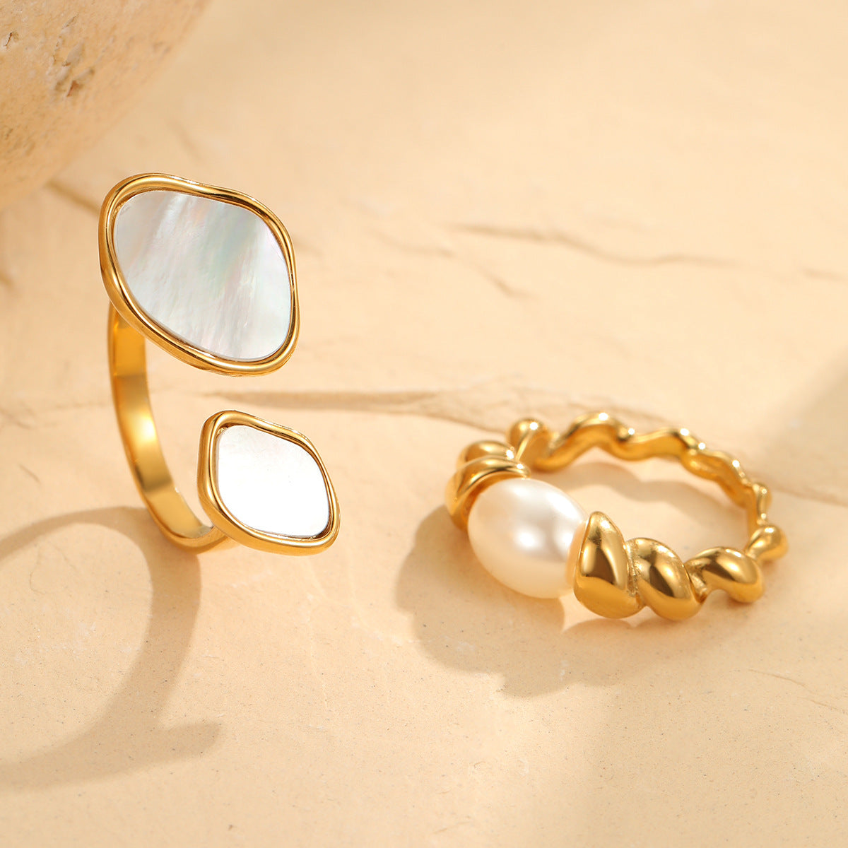 Wholesale  retro irregular design geometric white fritillary stainless steel ring