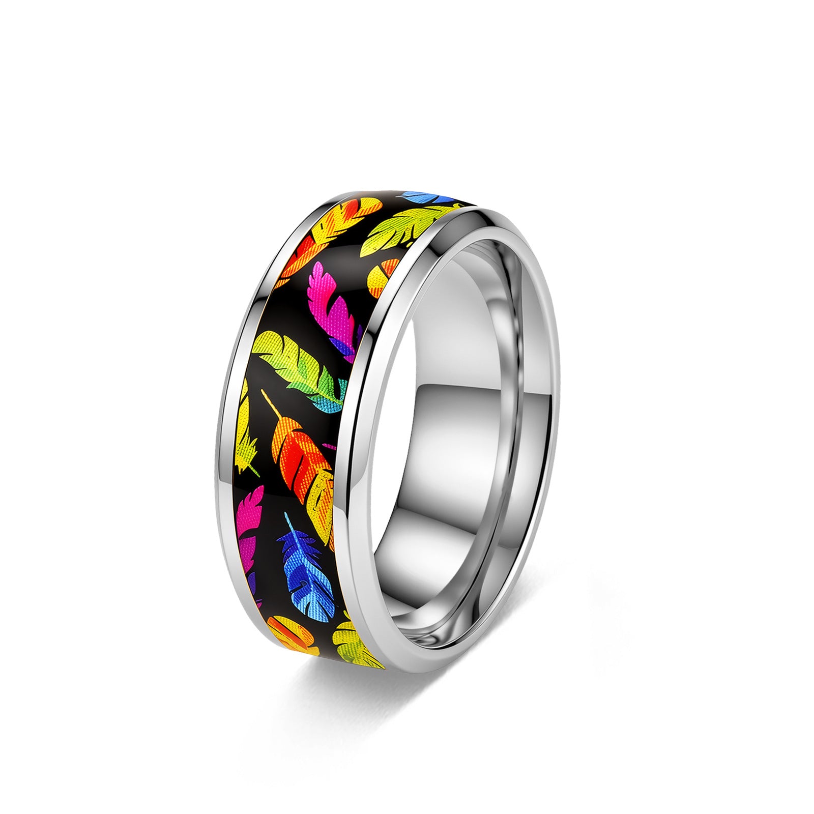 Wholesale Rainbow Feather Print Stainless Steel Ring European American Style Fashion Jewelry Accessory