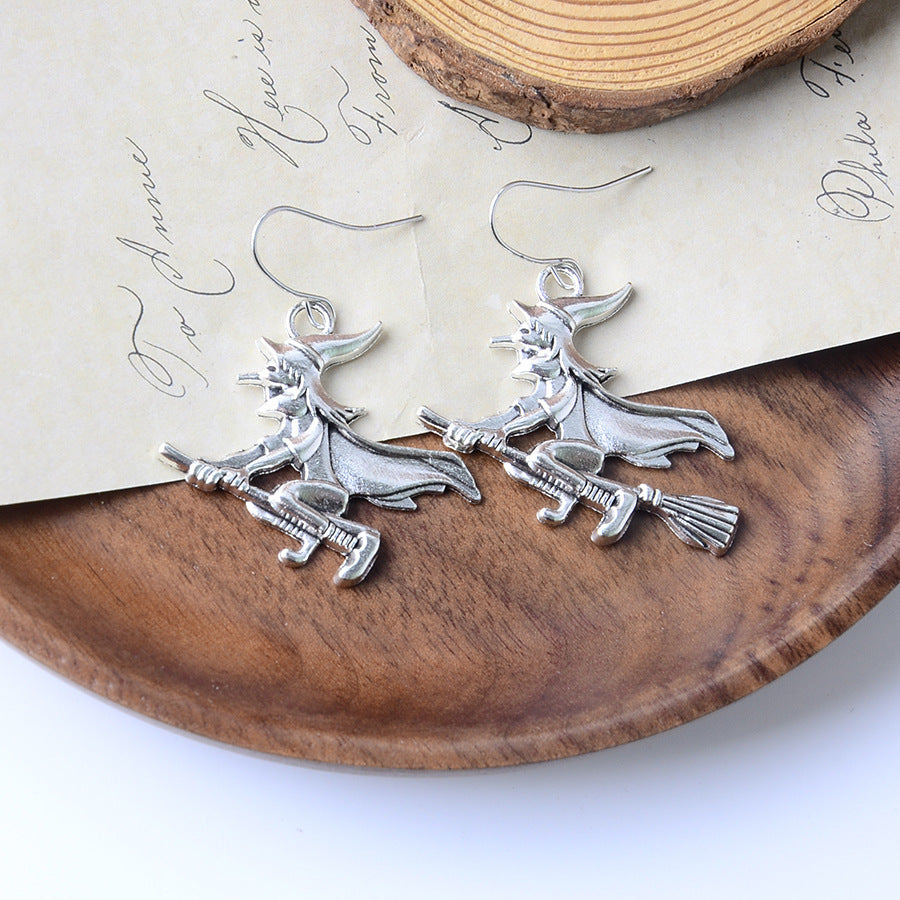 Wholesale Vintage  Skull  Witch Broom Pendant Earrings Zinc Alloy Jewelry Accessory For Party Wear
