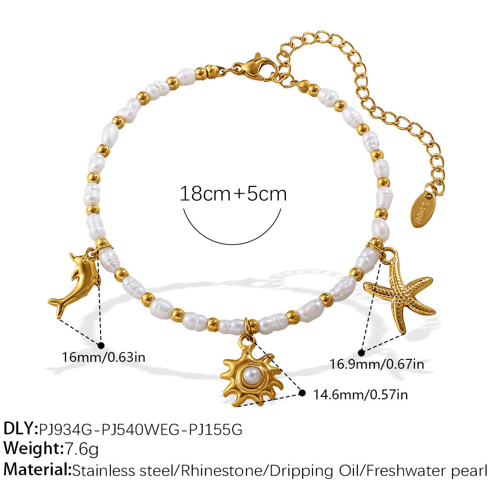Wholesale  Fashion Creative Ocean Theme Freshwater Pearl DIY Dolphin Pendant Bracelet Plated with 18K Gold Niche Jewelry for Women