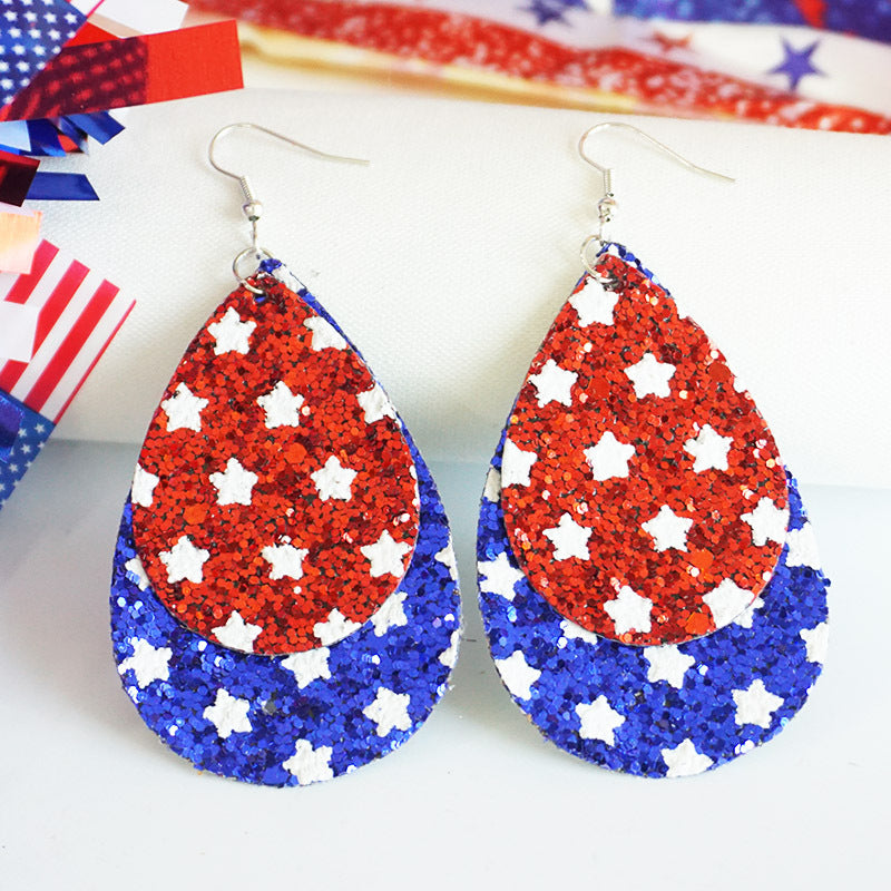 Wholesale 2 Pairs/pack American Independence Day Shiny Teardrop Shaped Leather Earrings ACC-ES-HY057