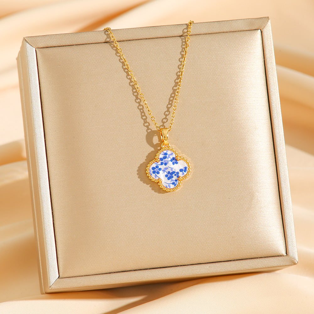 Wholesale Titanium Steel Blue White Porcelain Four-Leaf Clover Necklace Fashion Accessory