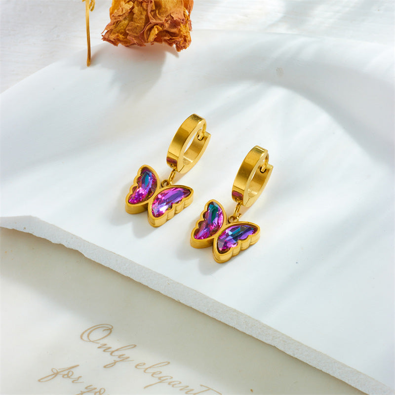 Wholesale Colorful Purple Rhinestone Butterfly Gold Plated Titanium Steel Earrings ACC-ES-QianYue007