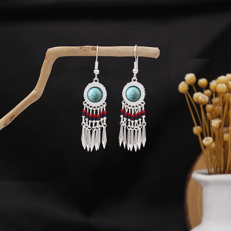 Wholesale Ethnic Style Long Feather Alloy Tassel Earrings ACC-ES-MDD023