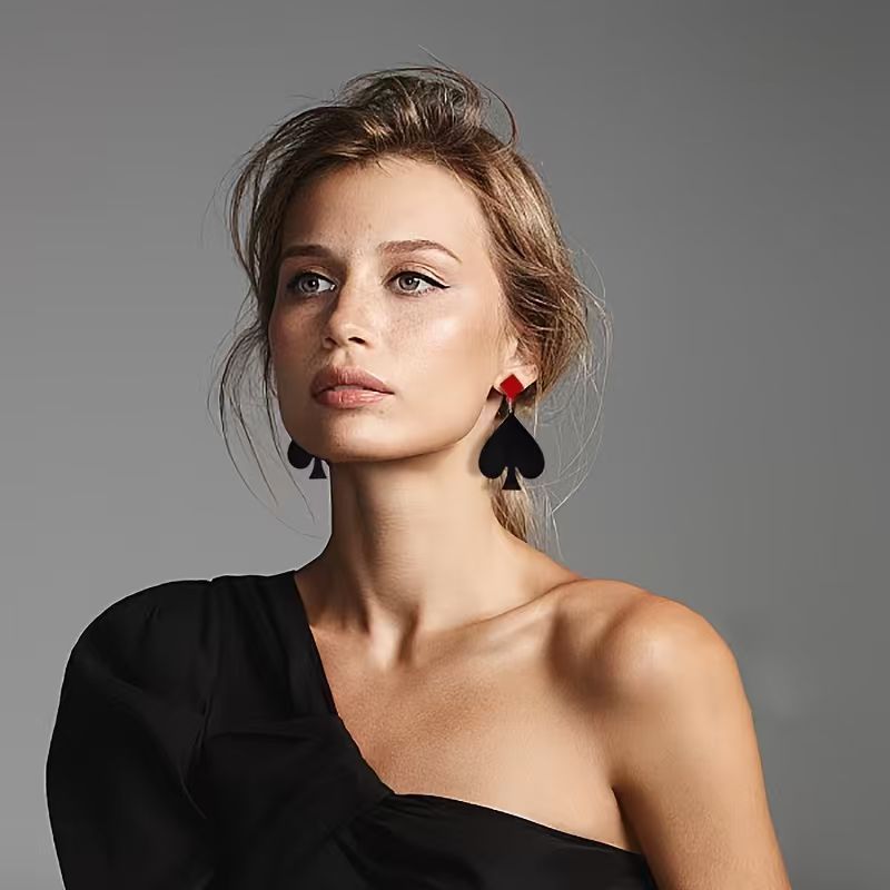 Wholesale Exaggerated Symmetrical Poker Tassel Earrings - Spades and Heart Acrylic Design,  Trendy Casino Party Jewelry