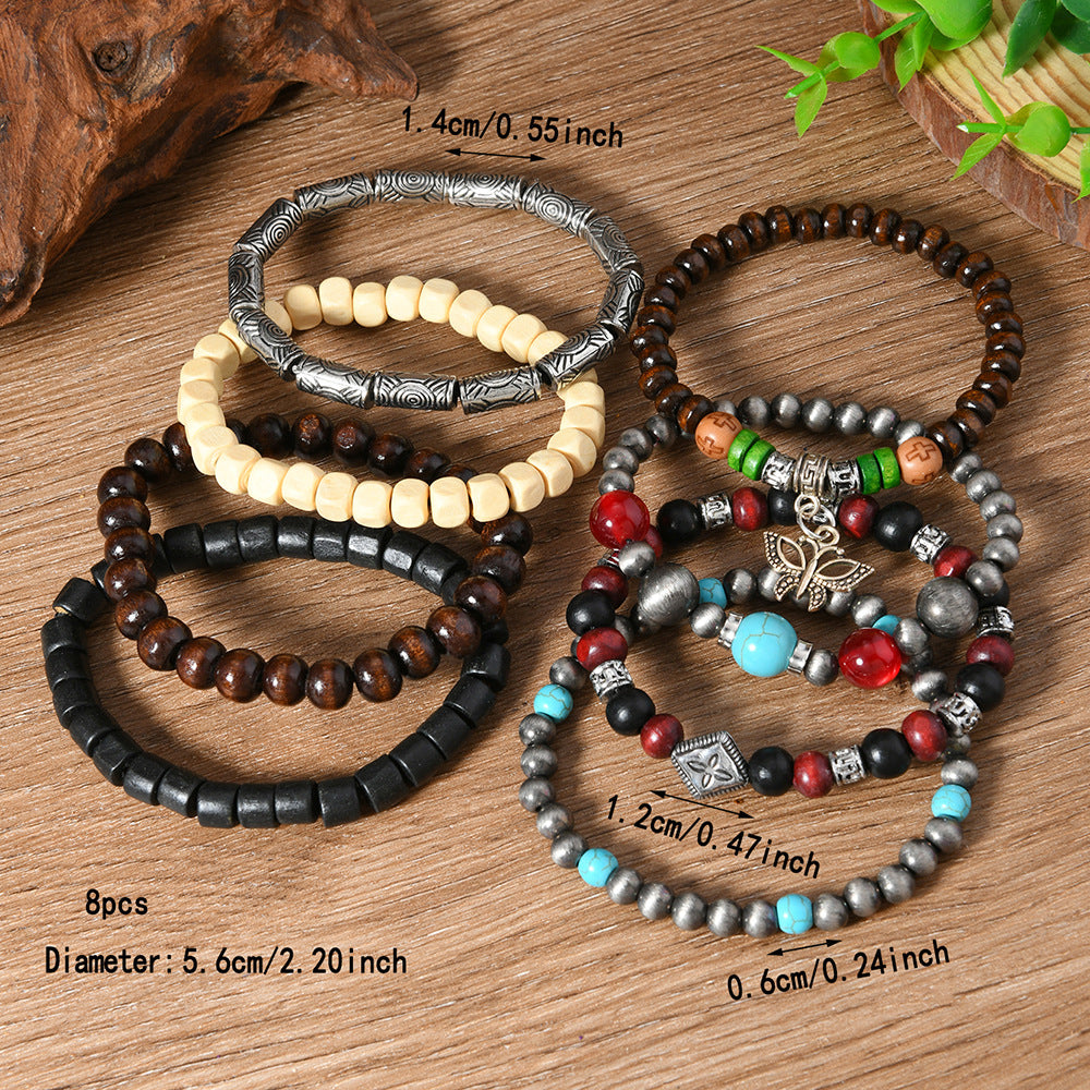 Wholesale Wooden 8-piece set turquoise beaded bracelet
