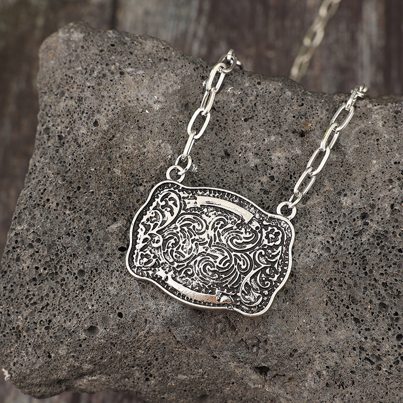 Wholesale Vintage Western Cowboy Style Alloy Square Pendant Necklace - Distressed Carved Deco Fashion Accessory for Gift Boutique