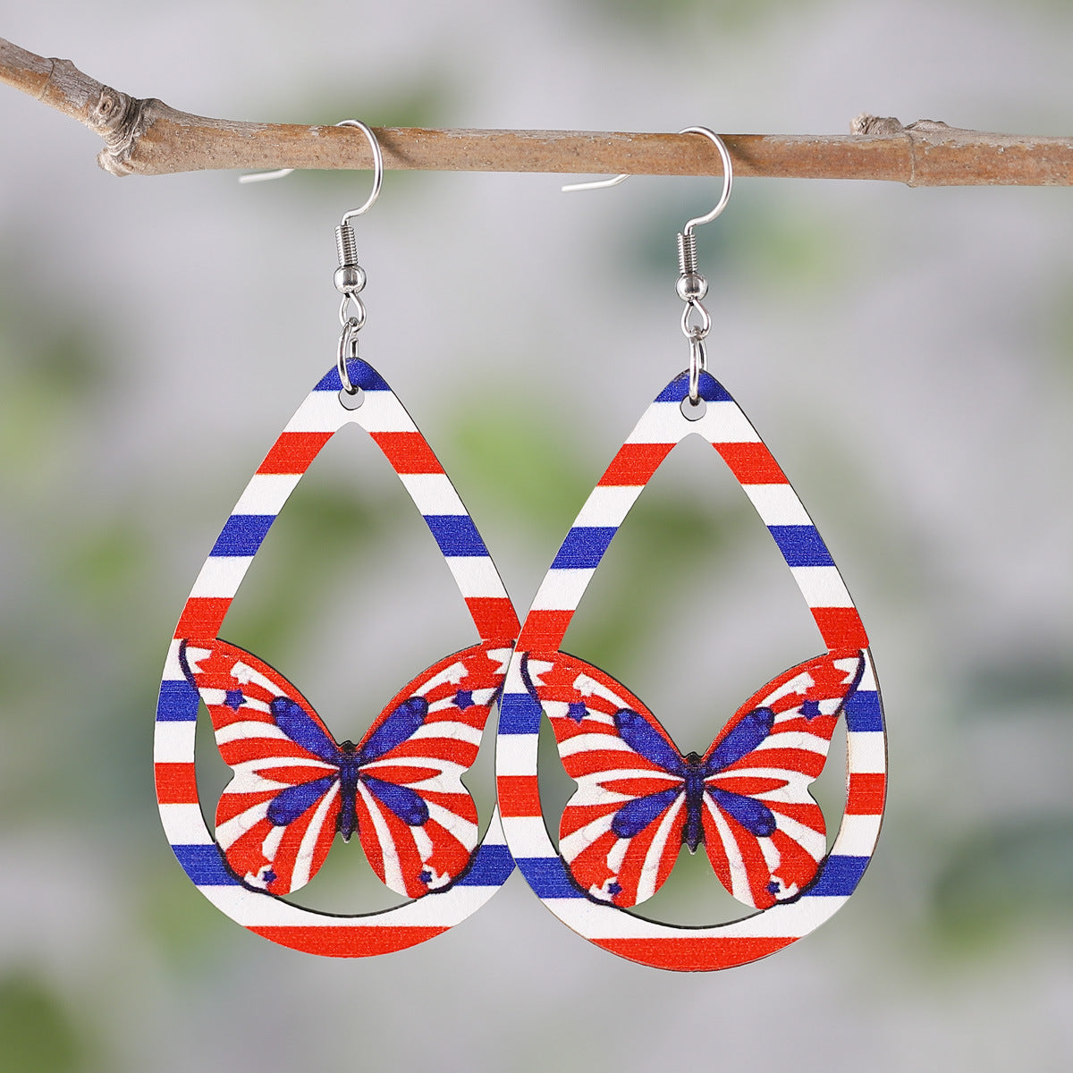 Wholesale of American Independence Day Five Pointed Star Rainbow Bull Head Heart Wooden Double Sided Earrings ACC-ES-ChuLian015
