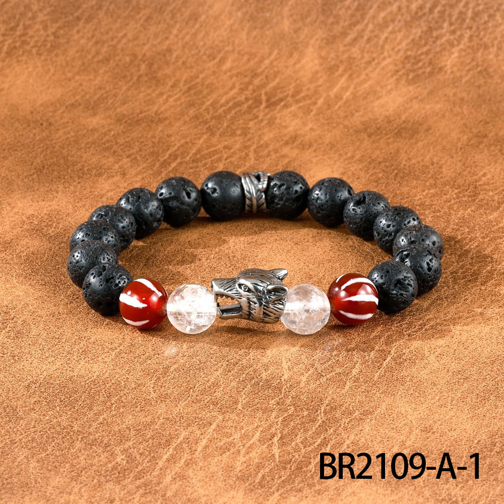 Wholesale Men' s semi-precious stone wolf head bracelet frosted black agate elastic bracelet