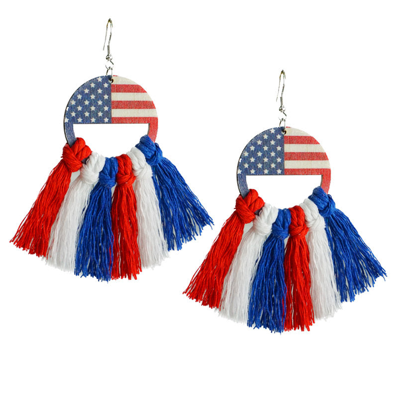 Wholesale 2 Pairs/pack American Independence Day Hats Hand Knitted Bohemian Tassel Cotton Thread Earrings ACC-ES-HY042