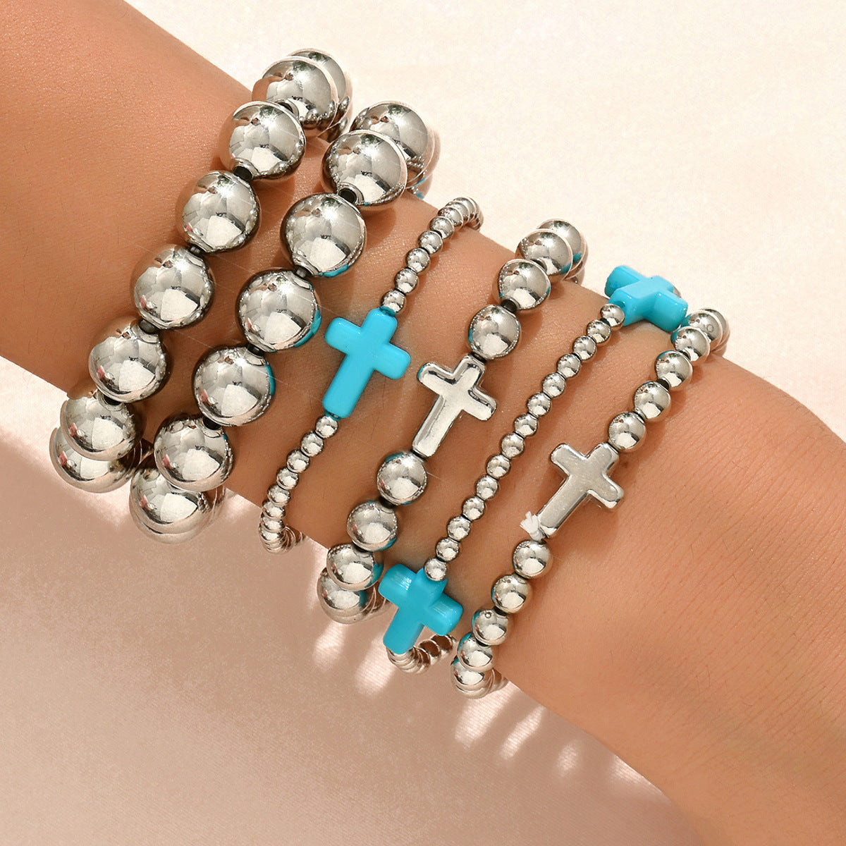 Wholesale Handmade Silver Beaded Cross Bracelet,  Fashion Accessory for Everyday Wear