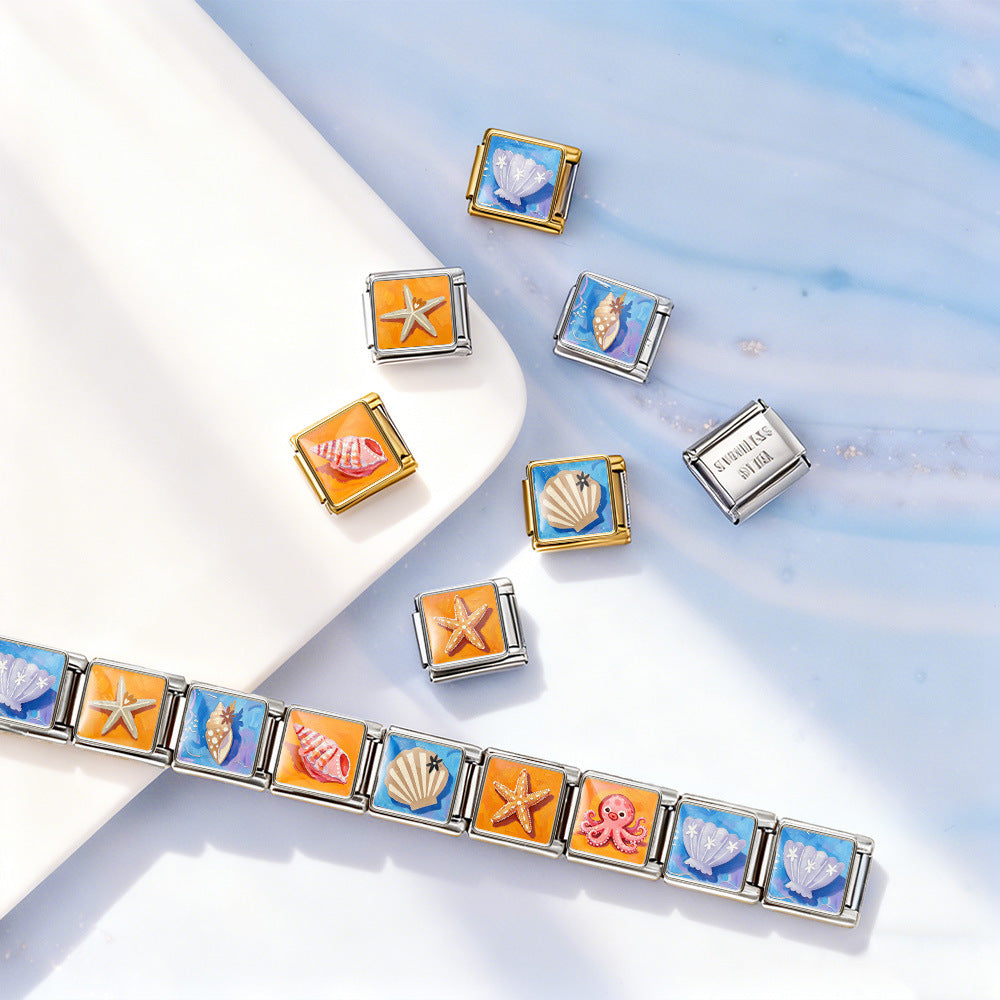 Wholesale Summer Beach Shell Square Painting Pattern Stainless Steel Bracelet DIY Fashion Accessory