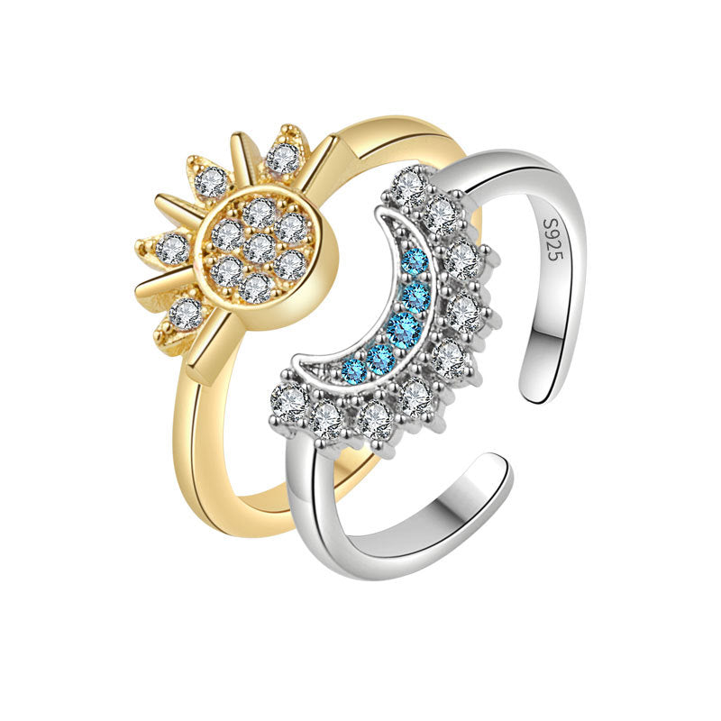 Wholesale  sun and moon  stacked women's Diamond Sun and Moon open S925 sterling silver ring