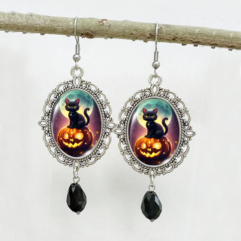 Wholesale Halloween Stainless Steel Ear Hook Oval Lace Pumpkin Black Cat Moon Metal Earrings ACCVIP-ES-XiangLian005
