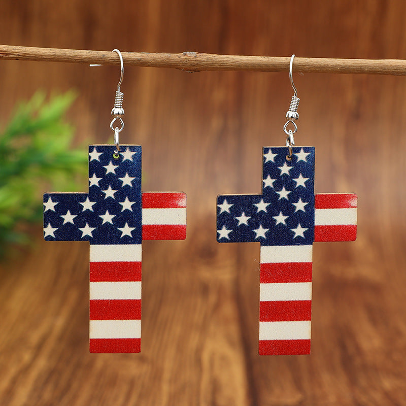 Wholesale Wooden American Flag Cross and Five Pointed Star Earrings