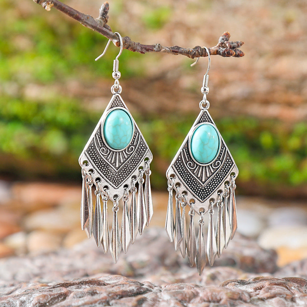 Wholesale Retro Turquoise Tassel Earrings European Style Jewelry Accessory Gift