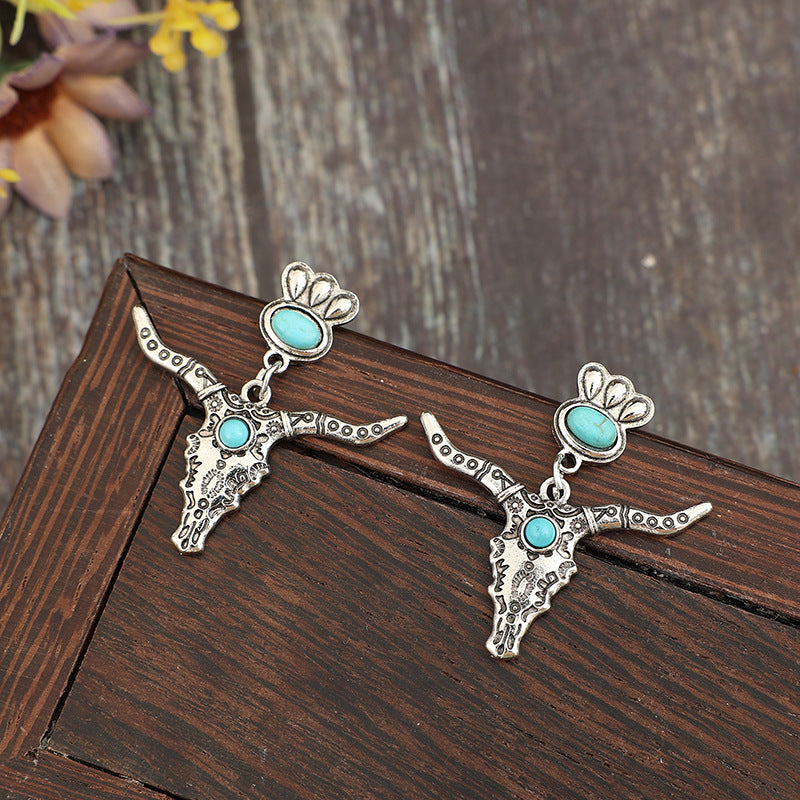 Wholesale Retro Creative Carved Turquoise Bull Head Earrings