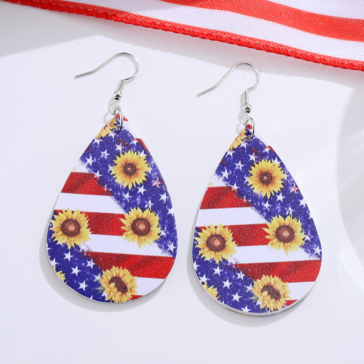 Wholesale Independence Day Red, White and Blue American Flag Flower Double-Sided Earrings